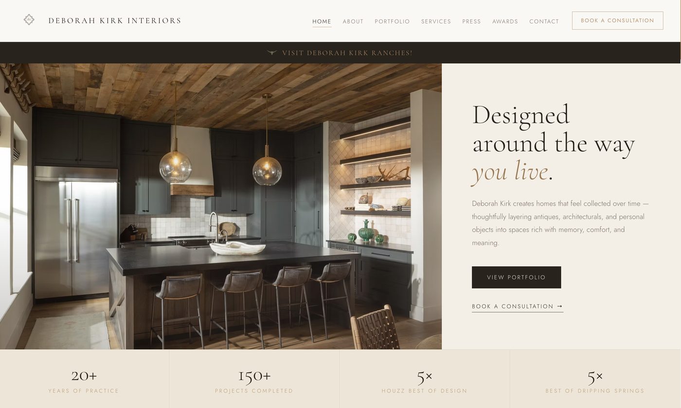 The redesigned Deborah Kirk Interiors homepage